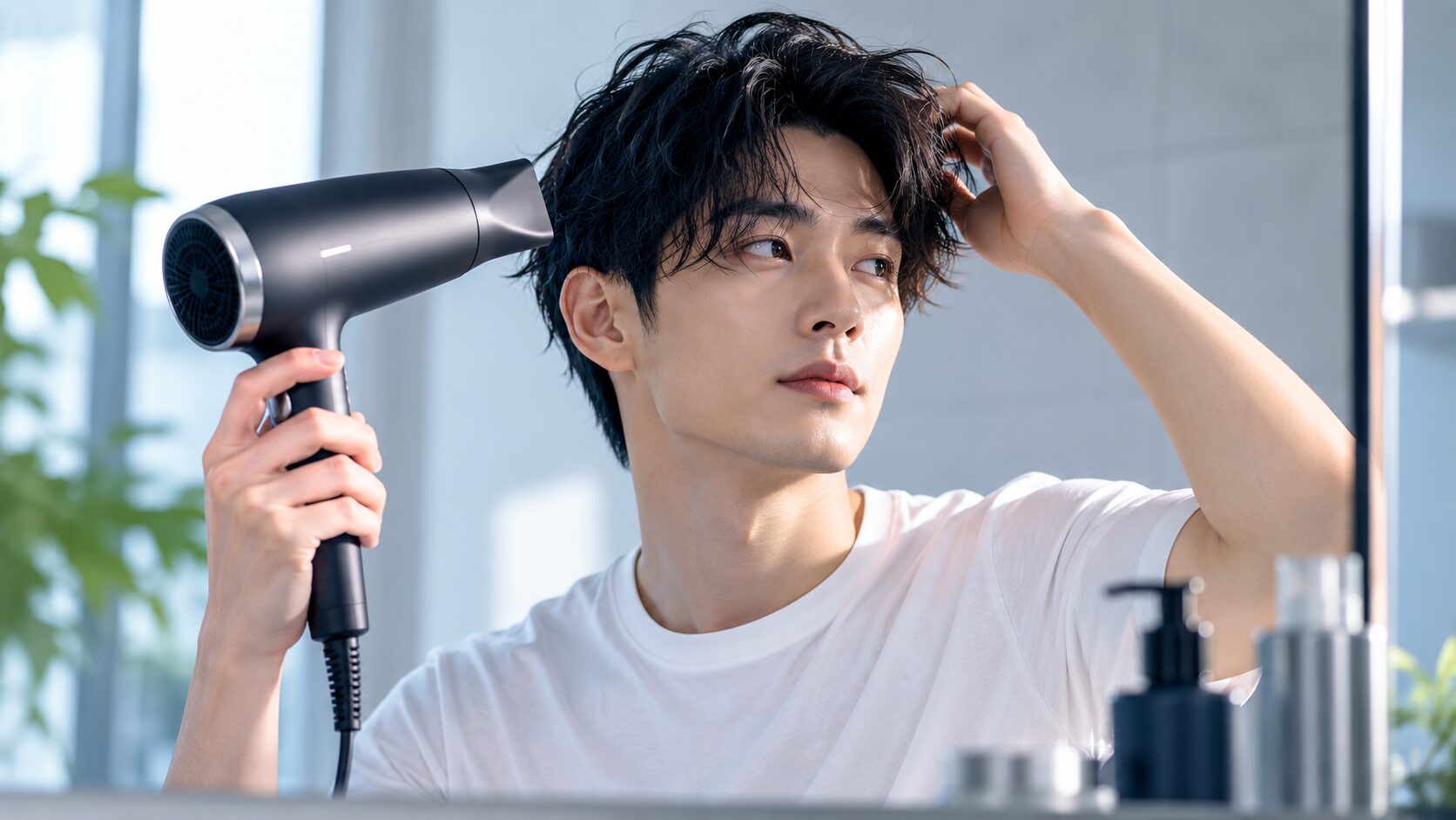ドライヤーをする男性